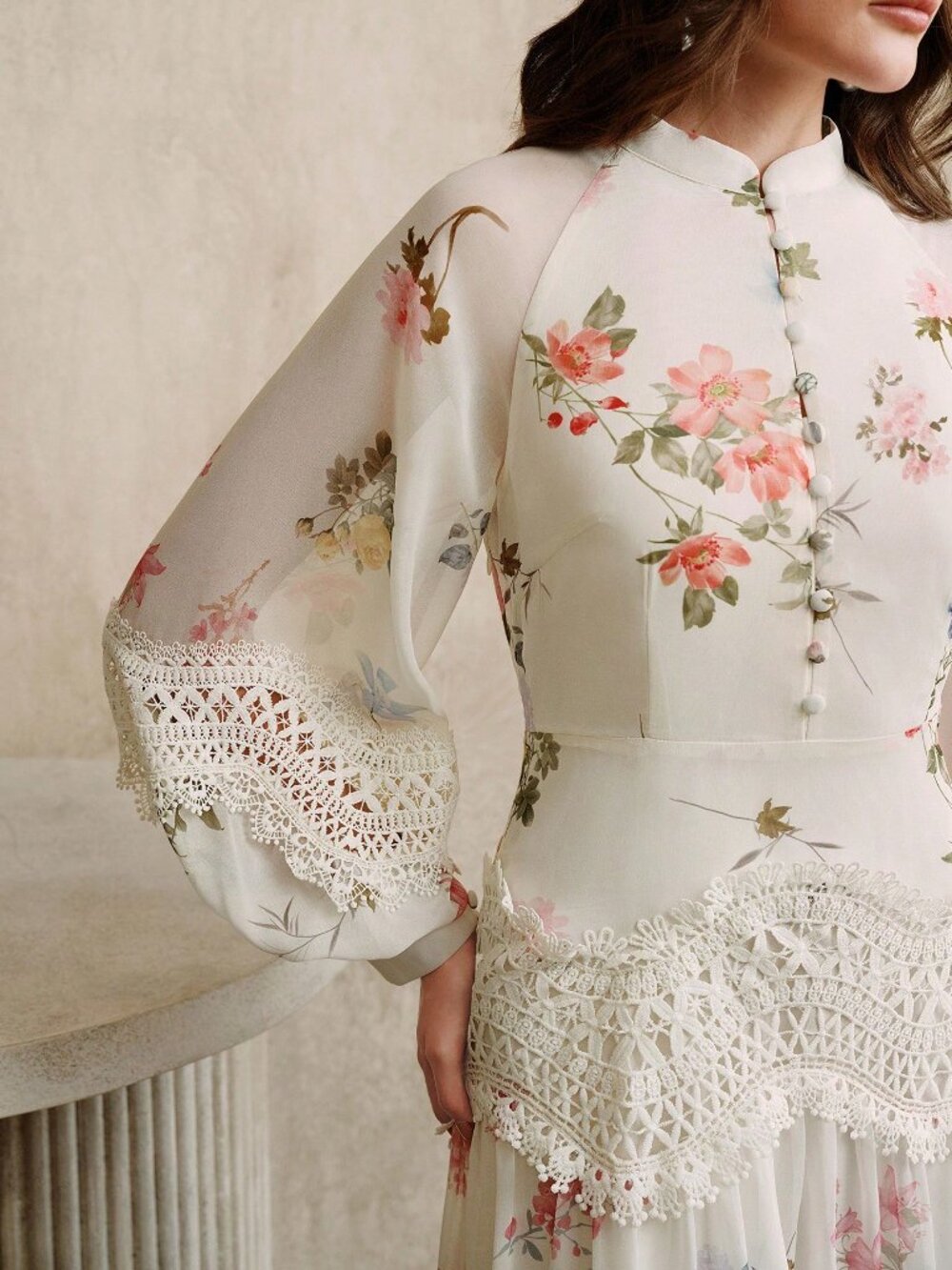 Apricot Elegant Women's Floral Print Lace Trim Long Sleeve Flared Hem Dress - Picture 8 of 8